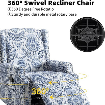Premium 360° Swivel Recliner Chair with Footrest - Luxurious Cotton Linen & Botanical Design-Bule Pattern