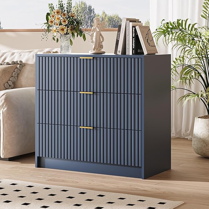 3-Piece Dresser Bedroom Set, 8 Drawer Dresser & 3 Drawer Nightstands with Gold Handles, Fluted Wood Chest of Drawers for Bedroom, Living Room, Entryway, Navy Blue