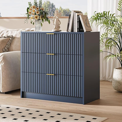 3-Piece Dresser Bedroom Set, 8 Drawer Dresser & 3 Drawer Nightstands with Gold Handles, Fluted Wood Chest of Drawers for Bedroom, Living Room, Entryway, Navy Blue