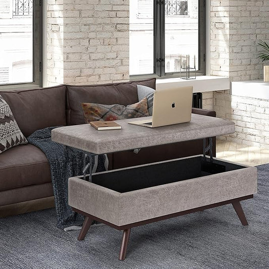 SIMPLIHOME Owen 42 inch Wide Mid Century Modern Rectangle Lift Top Large Coffee Table Storage Ottoman in Distressed Grey Vegan Faux Leather, Assembled, for the Living Room, Entryway and Family Room