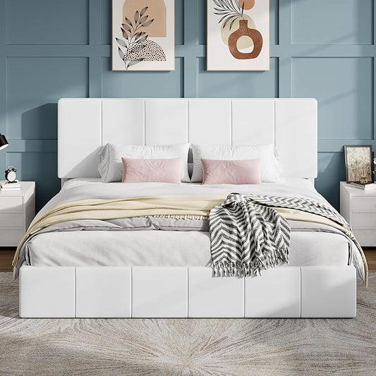SHA CERLIN King Size Bed Frame, Velvet Upholstered Platform Bed, Vertical Channel Tufted Adjustable Headboard, Low Profile Bed Frame, No Box Spring Needed, Easy Assembly, White