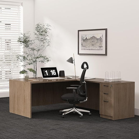 82.67" x 66.93" Bow Front L-Shaped Executive Desk with 3-Drawer File Cabinet (Lime)