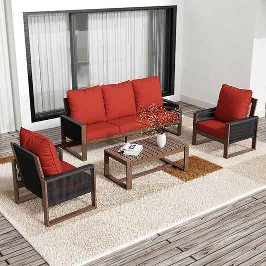 4 Piece Patio Furniture Set, Wooden Outdoor Furniture Conversation Set with Coffee Table, Modern PE Wicker Patio Chairs Conversation Sets with Sofa for Garden, Terrace, Porch, Balconies, Lawns
