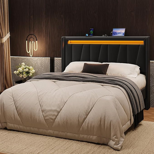 SHA CERLIN Queen Bed Frame with Charging Station and LED Lights, Modern Velvet Platform Bed with Upholstered Geometric Wingback Headboard, No Box Spring Needed, Easy Assembly, Black