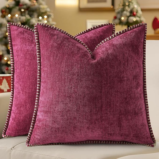 decorUhome Christmas Chenille Soft Throw Pillow Covers 18x18 Set of 2, Farmhouse Velvet Neutral Decorative Euro Pillow Covers with Stitched Edge for Couch Sofa Bed Home Decor, Rhododendron