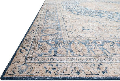 Loloi Layla Collection LAY-07 Blue/Tangerine 3'-6" x 5'-6" .13" Thick Accent Rug, Soft, Durable, Vintage Inspired, Distressed, Low Pile, Non-Shedding, Easy Clean, Printed, Living Room Rug