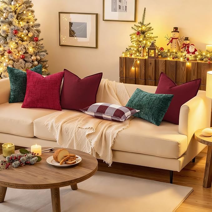 decorUhome Christmas Red Chenille Throw Pillow Covers 16x16 Set of 2 Thick Textured Slubby Couch Pillow Covers Farmhouse Accent Modern Neutral Decorative Pillow Cases for Bed Sofa Living Room