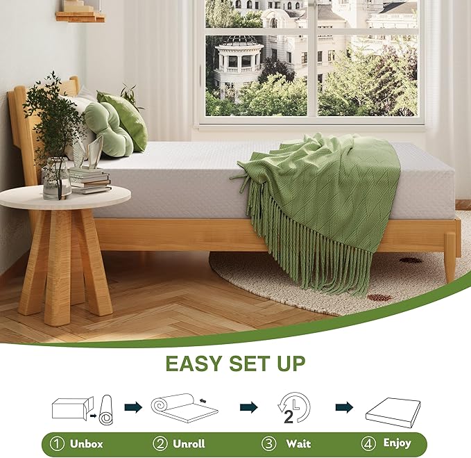 EGOHOME 6 Inch Queen Size Mattress for Kids, Memory Foam Mattress with Cooling Green Tea Gel, Relieve Pressure with Medium Firm Support, CertiPUR-US Certified, 80''L x 60''W, White