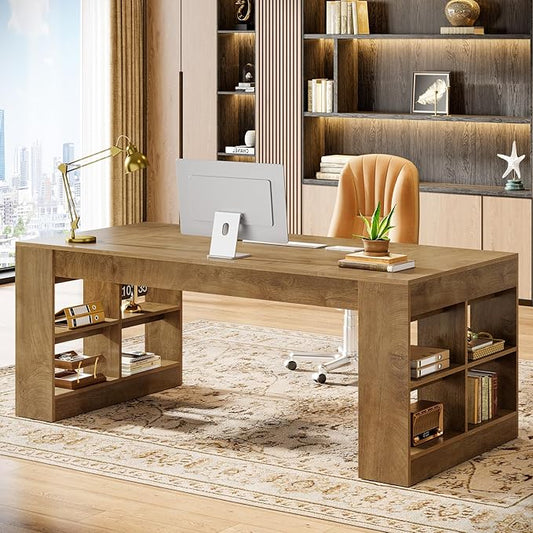 Tribesigns 71-Inch Executive Desk, Large Computer Office Desk with Storage Shelves, Modern Wood Writing Table Business Furniture Workstation for Home Office, Rustic Brown