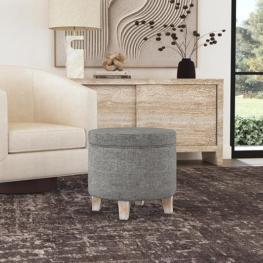 HomePop Upholstered Round Storage Ottoman|Homepop Home Décor|Upholstered Round Foot Rest Ottoman -Gray Woven