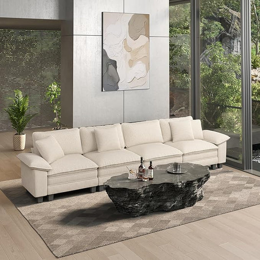 HERA'S HOUSE 158" Modular Sectional Sofa, Oversized Couches for Living Room, Comfy Cloud Couch 4-Seater Deep Seat Sofa with Throw Pillow, Corduroy Beige