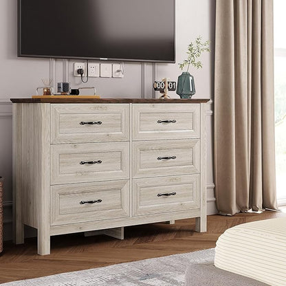 LINSY HOME Dresser for Bedroom with 6 Drawers, Wide Chest of Deep Drawers with Metal Handle, Wooden Bedroom Dresser with Storage Organizer for Closet, Living Room, Hallway, Beige
