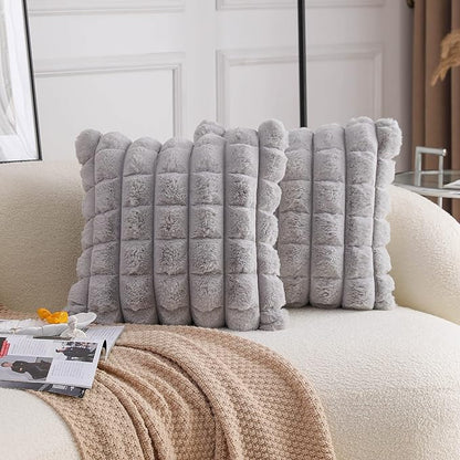 Neelvin Grey Faux Fur Cozy Soft Plaid Decorative Throw Pillow Covers 24x24 inch Set of 2,Velvet Pillowcase Cushion Case for Sofa Couch