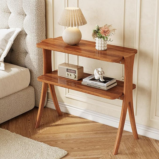 LITTLE TREE Narrow Side Table, 2-Tier Farmhouse End Table with Solid Wood Legs, Small Side Table, Space-Saver for Living Room, Bedroom, Entryway (Walnut)
