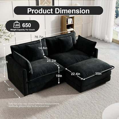 Modular Sectional Sofa, 76.7 Inch L-Shaped Cloud Sofa with Deep Seat Comfortable Chenille Sofa with Cushion Double Sectional Sofa for Living Room Apartment,Black