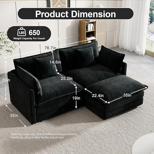 Modular Sectional Sofa, 76.7 Inch L-Shaped Cloud Sofa with Deep Seat Comfortable Chenille Sofa with Cushion Double Sectional Sofa for Living Room Apartment,Black