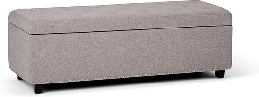 SIMPLIHOME Hamilton 48 inch Wide Transitional Rectangle Storage Ottoman in Cloud Grey Linen Look Fabric, Assembled, For the Living Room, Entryway and Family Room