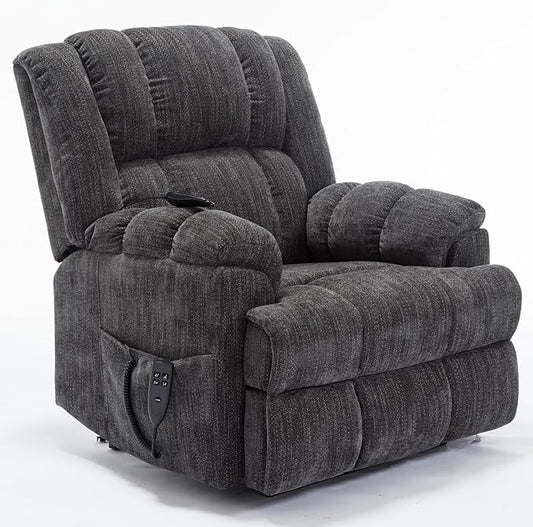 Power Lift Recliner Chair for Elderly, Oversized Chenille Electric Recliners Chairs for Living Room, Dual Motor 180° Lay Flat Recliner Big Sofa with Massage and Heating, Heavy-Duty, Grey
