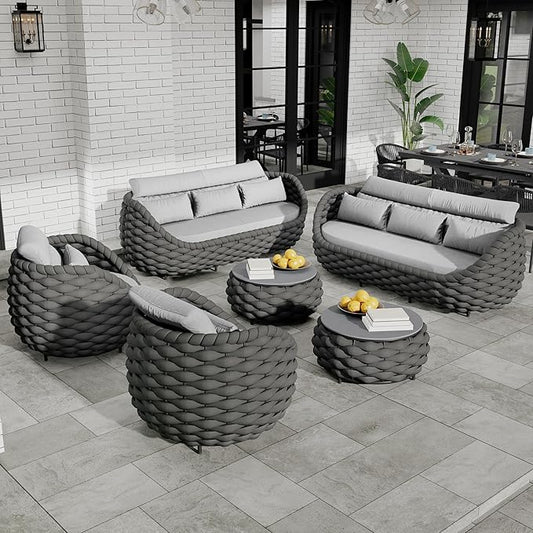 Lanai Outdoor Furniture Sofa Set: 6-Piece Aluminum Woven Rope Patio Conversation Set w/Table - Modern Cushions Couch Set - No Assembly Porch Seating for Deck Yard Garden Pool Hotel Resort