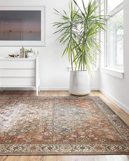 Loloi Layla Collection LAY-05 Ocean/Multi 2'-0" x 5'-0" .13" Thick Accent Rug, Soft, Durable, Vintage Inspired, Distressed, Low Pile, Non-Shedding, Easy Clean, Printed, Living Room Rug