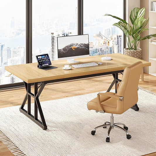 LITTLE TREE 70.8-Inch Large Executive Desk, Modern Computer Office Desk, Wooden Writing Desk Study Table for Home Office, Light Walnut-Black