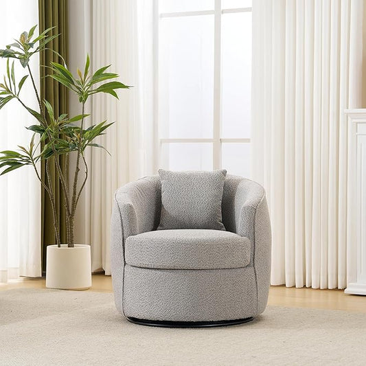 Swivel Accent Chair, Modern Upholstered Boucle Barrel Arm Chairs with Pillow for Living Room, 360 Degree Round Swivel Sherpa Armchair with Round Base for Bedroom Club (1, Grey)