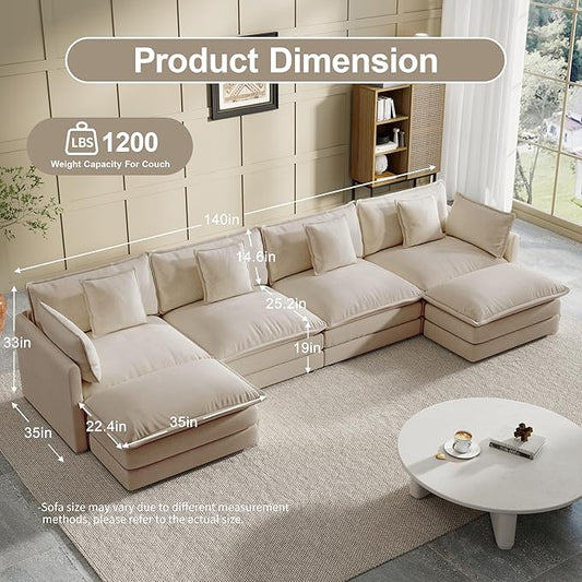 Modular Sectional Sofa, 146.5 Inch U-Shaped Cloud Sofa with Deep Seat Chenille Sofa with Cushions, Four Seater Sectional Sofa for Living Room Apartment,Light Coffee