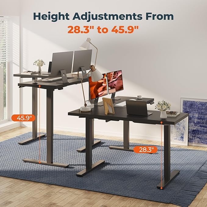 L-Shaped Standing Desk, 63 x 55 Inches Height Adjustable Desk, Sit and Stand up for Work Office Home, Ergonomic Rising Computer Table for Home Office with Splice Board, Black