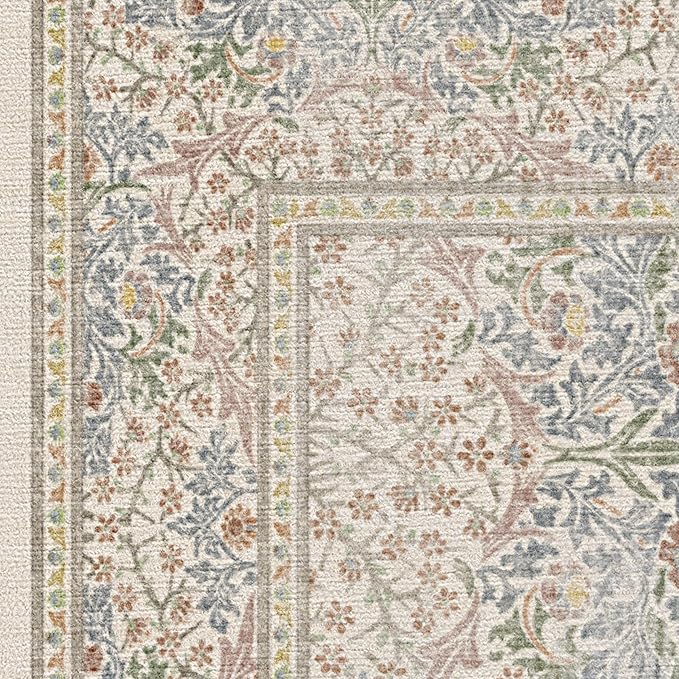 RUGGABLE x Morris & Co Machine Washable Runner Rug – Blackthorn Ivory Blue 2.5x10, Stain-Resistant, Non-Slip – Washable Rug for Hallway, Entryway, Living Room & Kitchen–with Cushioned Pad