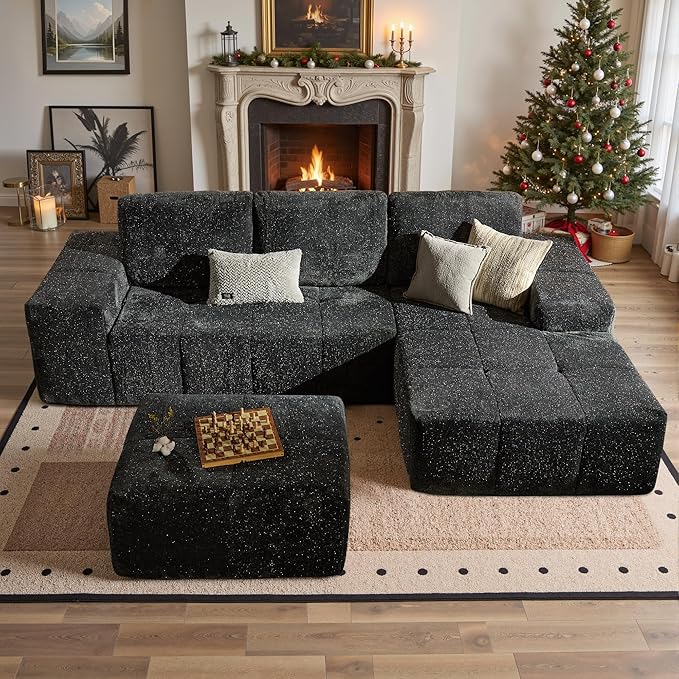 114" Glitter Cloud Sectional Couch with L-Shape Chaise & Ottoman, Modern Boneless Couches for Living Room, Fluffy Tufted Deep Seat Modular Sofa No Assembly (Gray Sparkly Velvet,Right Facing)