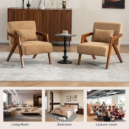 Mid Century Modern Accent Chair with Solid Wood Frame，Upholstered Chenille Living Room Arm Chairs with Pillow for Bedroom, Living Room, Reading Room, Balcony (2, Yellow)