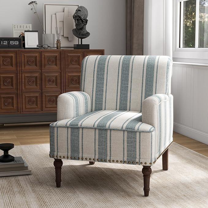 UIXE Stripe Accent Chair, Living Room Arm Chairs Modern Nailhead Trim Club Armchair with Wood Legs, Comfy Upholstered Sofa Lounge Seat Reading Seat Bedroom Side Seating for Home Office, Blue