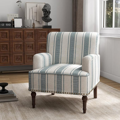 UIXE Stripe Accent Chair, Living Room Arm Chairs Modern Nailhead Trim Club Armchair with Wood Legs, Comfy Upholstered Sofa Lounge Seat Reading Seat Bedroom Side Seating for Home Office, Blue