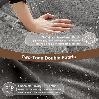 Manual Loveseat Recliner Sofa, Grey Fabric & Chocolate Leather 2-Seater Couch with USB Ports, Split Back, Wall Hugger RV Furniture, Modern Reclining Loveseat for Living Room