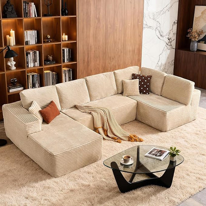 Cloud Sectional Couch with Chaise, Boneless U-Shaped Cloud Couch with Deep Seat, Soft Plush Modern Minimalist Sofa, Assembly Free Modular Floor Sofa for Office Living Room Apartment, Beige