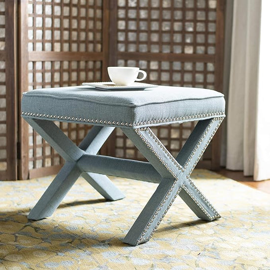 Safavieh Home Collection Palmer Sky Blue with Silver Nailhead Trim X-Bench Ottoman