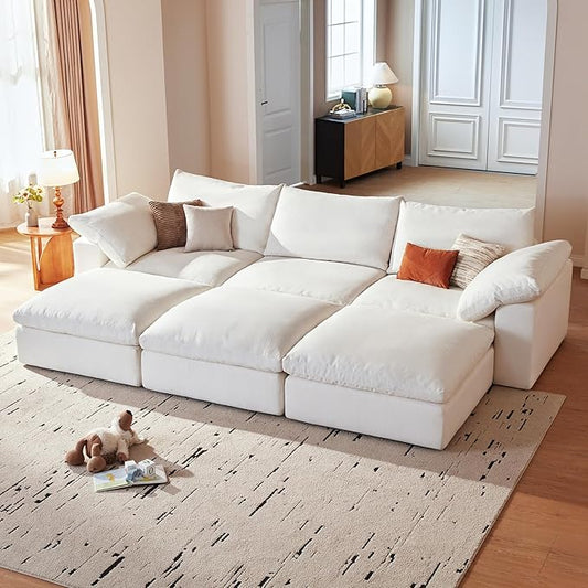 Modular Cloud Sofa, 110.2" Cloud Sectional Couches with Deep Seat, L-Shape 3-Seat Couch with Ottoman for Living Room, Modern Comfy Couch with Washable Cover, Wide Armrest (White,3 Ottomans)