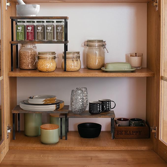 Simple Houseware Wooden Top Expandable Stackable Kitchen Cabinet and Counter Shelf Organizer, Rustic Brown