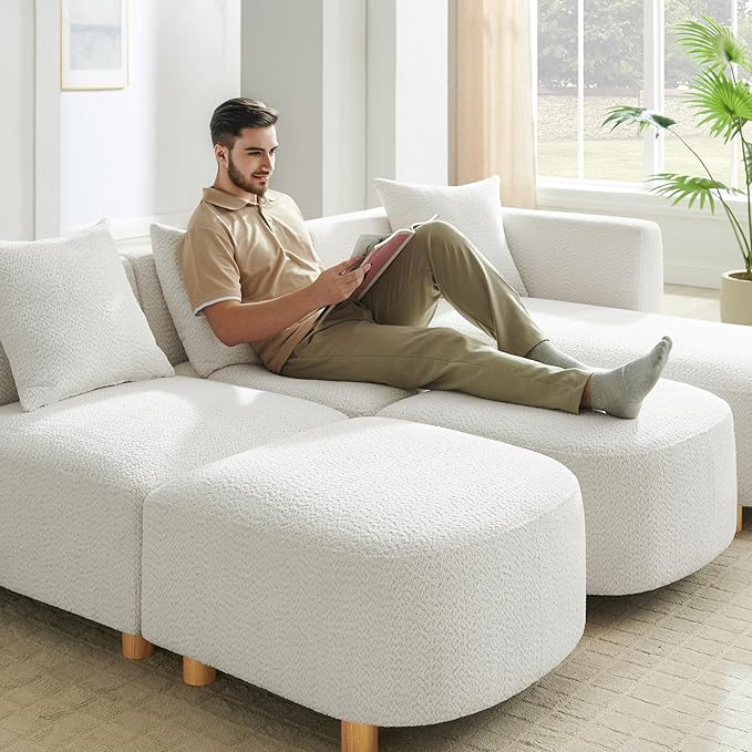 VANOMi 109.84" Modular Sectional Sofa with 3 Pillows, Convertible 5-Seater Comfy Boucle Cloud Couch with Ottoman, Modern Sectional Sofas for Living Room, Office, Apartment (White)