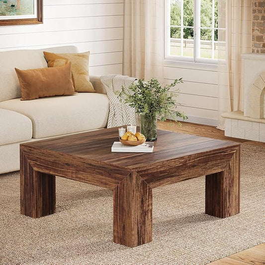 Tribesigns Farmhouse Square Coffee Table for Living Room, 39.37-Inch Low Large Center Tea Accent Table with Sturdy Legs, Easy Assembly (Dark Brown)