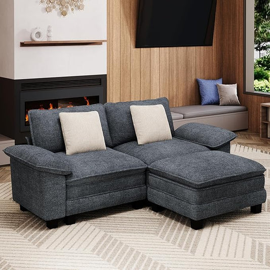 87-Inch L Shaped Sectional Sofa with Cloud Cushions, Deep Seat Modular Couch Set w/ 3 Seats & 1 Ottomans, Removable Arms, Plush Chenille Upholstery for Living Room, Apartment - Cyan