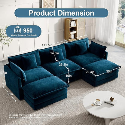 Modular Sectional Sofa, 111.5 Inch U-Shaped Cloud Sofa with Deep Seat Chenille Sofa with Cushions, Three-Self Sectional Sofa for Living Room Apartment,Blue