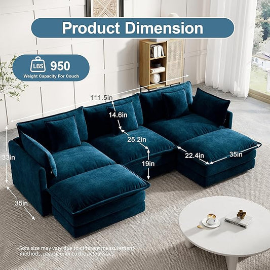 Modular Sectional Sofa, 111.5 Inch U-Shaped Cloud Sofa with Deep Seat Chenille Sofa with Cushions, Three-Self Sectional Sofa for Living Room Apartment,Blue