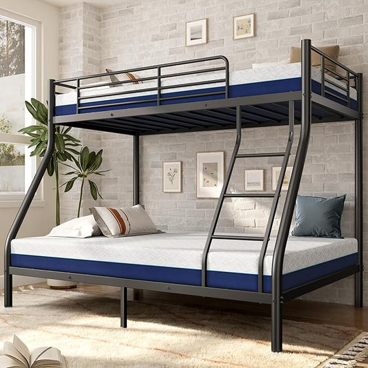 Bunk Beds Twin Over Full Size with 6'' Mattresses Included, Heavy Duty Metal Bunk Bed Frame with Angled Ladder for Teens and Adults, for Spaces-Saving, Smooth Rounded Edges, Black