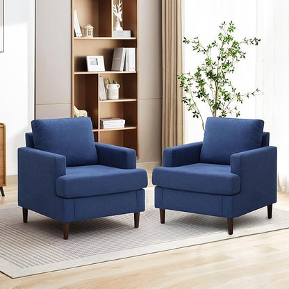 Mid-Century Accent Chair,Modern Linen Fabric Armchair for Living Room,Comfy Upholstered Reading Accent Chairs for Bedroom,Single Sofa Chair with Wood Legs (Blue, 2 Pack)