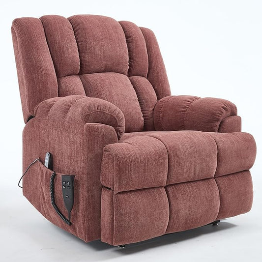 Power Lift Recliner Chair for Elderly, Oversized Chenille Electric Recliners Chairs for Living Room, Dual Motor 180° Lay Flat Recliner Big Sofa with Massage and Heating, Heavy-Duty, Red