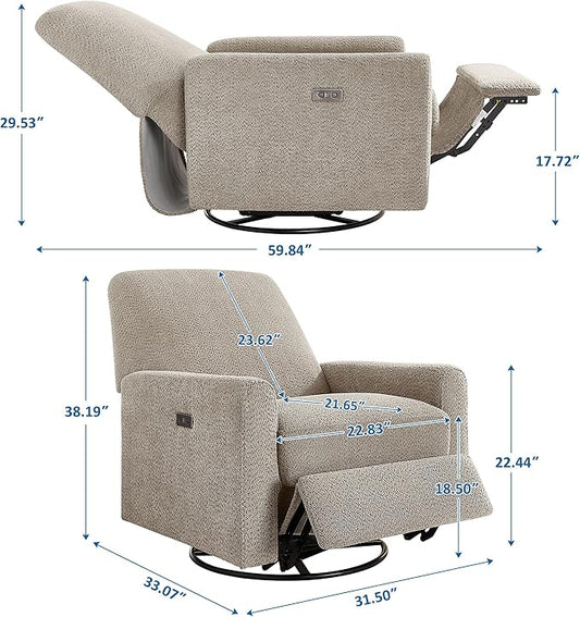 VANOMi Power Swivel Glider Recliner Chair, Electric Nursery Rocker Recliner Chair, USB & Type-C Charger, Warm Camel Boucle