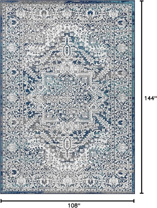 JONATHAN Y Modern Vintage Medallion Navy/Light Gray Indoor Area Rug, 9x12, Country, Floral, Easy-Cleaning for Living Room, Bedroom, Kitchen, Pet Friendly, Non-Shedding (MDP100B-9)