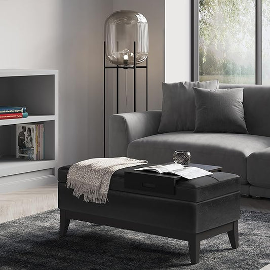 SIMPLIHOME Oregon 42 inch Wide Transitional Rectangle Storage Ottoman Bench with Tray in Distressed Black Vegan Faux Leather, Assembled, For the Living Room, Entryway and Family Room