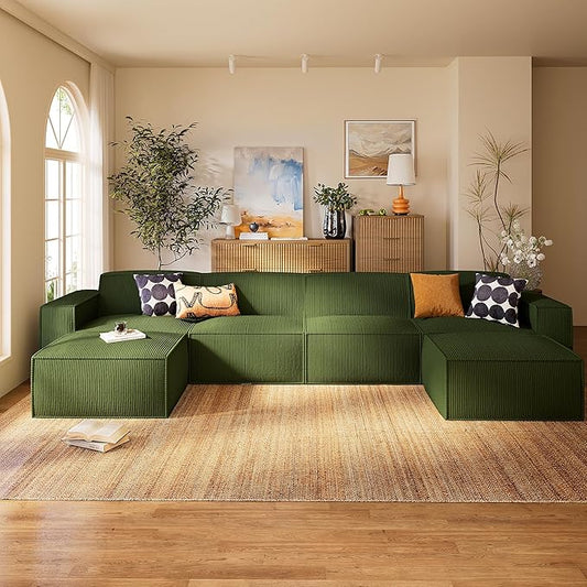 Marsail Modular Sectional Sofa, 142" U-Shaped Modular Sectional Couch with Deep Seat, Freely Combinable Sectional Clound Sofa for Living Room, No Assembly, Plush Corduroy Fabric, Green